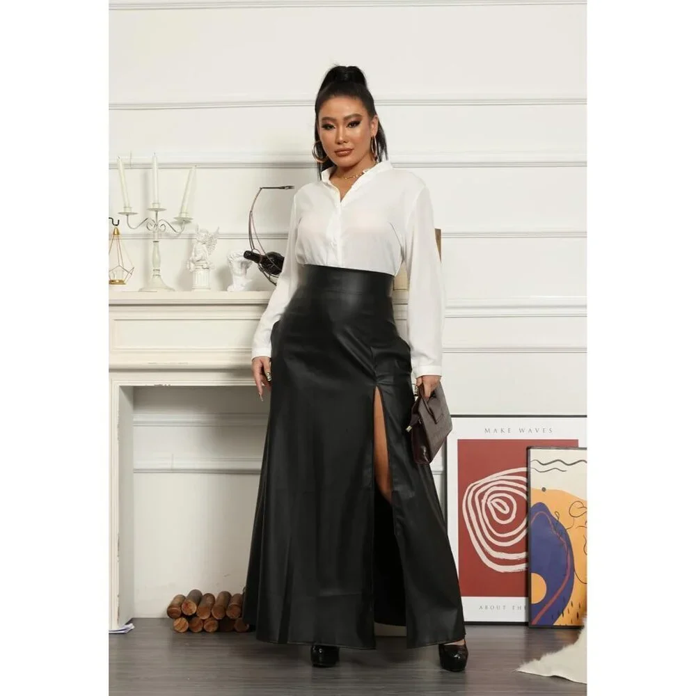Women Black High Waisted Sexy PU Leather Vintage A-Line Long Skirt Pockets - Picture 4 of 6